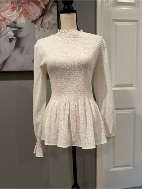 Vici White Smocked Peplum Long-Sleeve Blouse